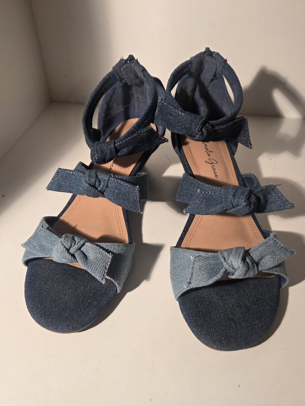 Denim Bow Ankle-Strap Sandals - Blue Size 8
